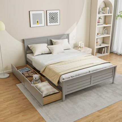 Full Size Bed Frame with Storage Drawers and Solid Wood Headboard-Gray - Gray - Simple Bed Frame