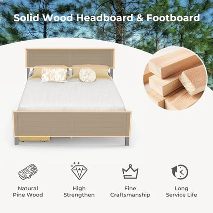 Full Size Bed Frame with Storage Drawers and Solid Wood Headboard-Gray - Gray - Simple Bed Frame