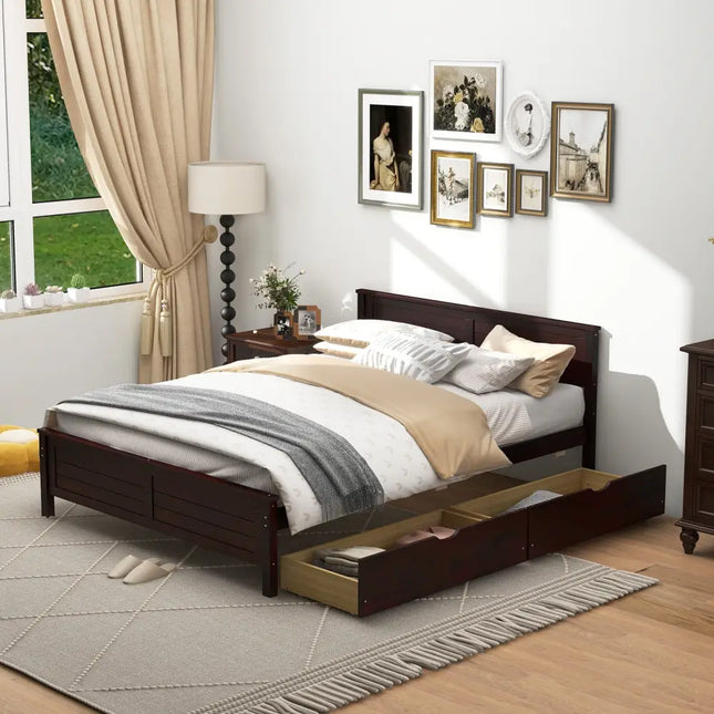 Full Size Bed Frame with Storage Drawers and Solid Wood Headboard-Espresso - Espresso - Simple Bed Frame