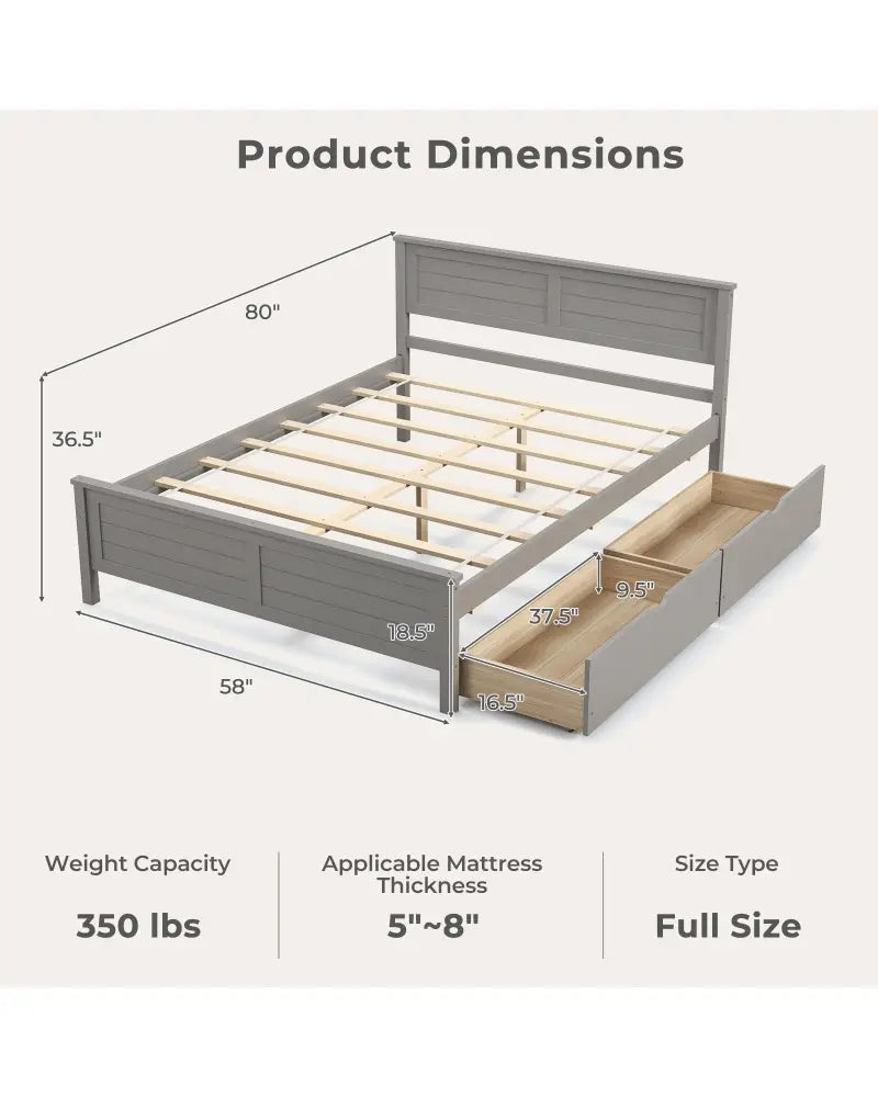 Full Size Bed Frame with Storage Drawers and Solid Wood Headboard-Gray - Gray - Simple Bed Frame
