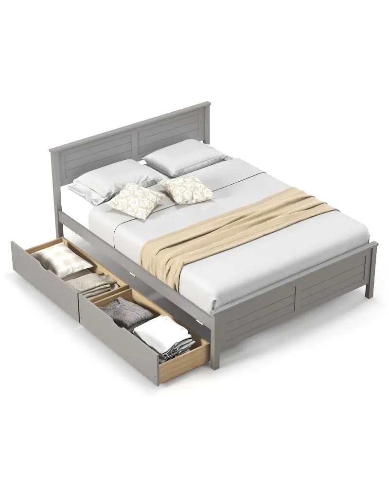 Full Size Bed Frame with Storage Drawers and Solid Wood Headboard-Gray - Gray - Simple Bed Frame