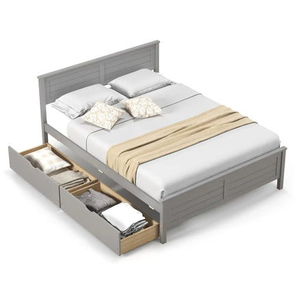 Full Size Bed Frame with Storage Drawers and Solid Wood Headboard-Gray - Gray - Simple Bed Frame