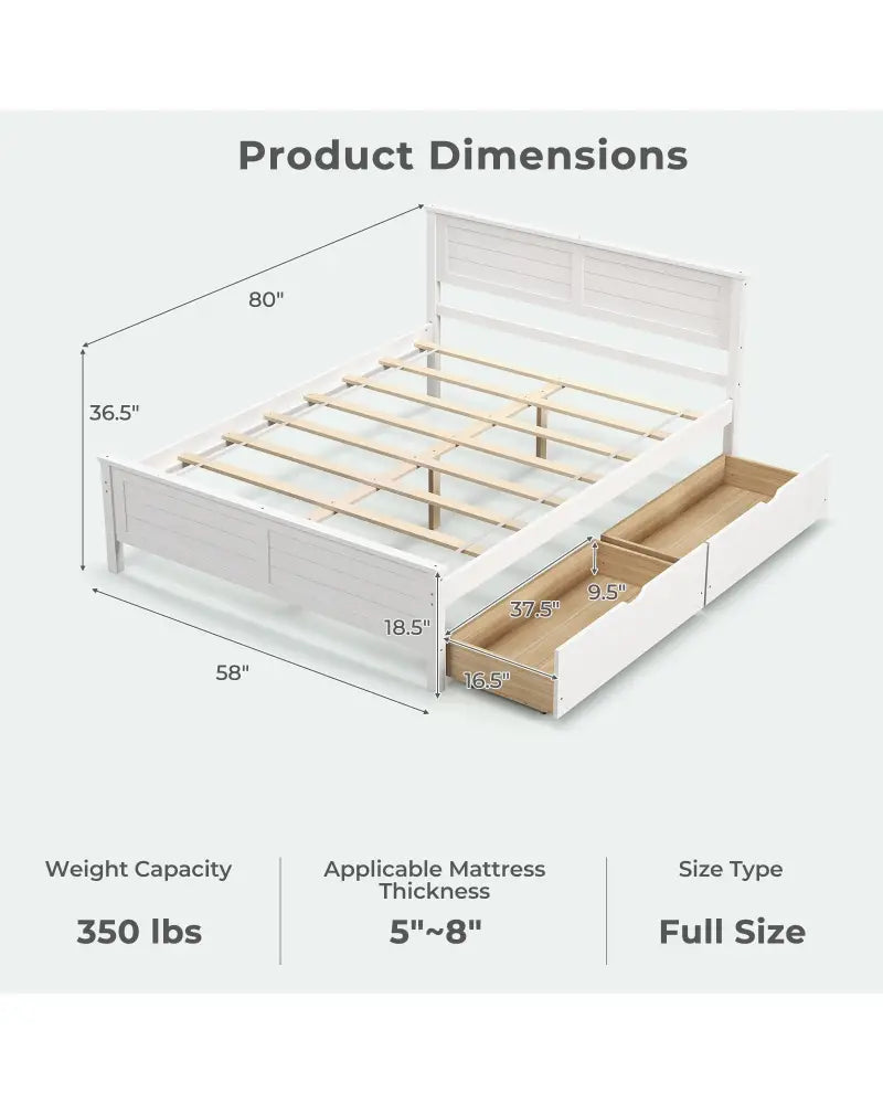 Full Size Bed Frame with Storage Drawers and Solid Wood Headboard-White - White - Simple Bed Frame