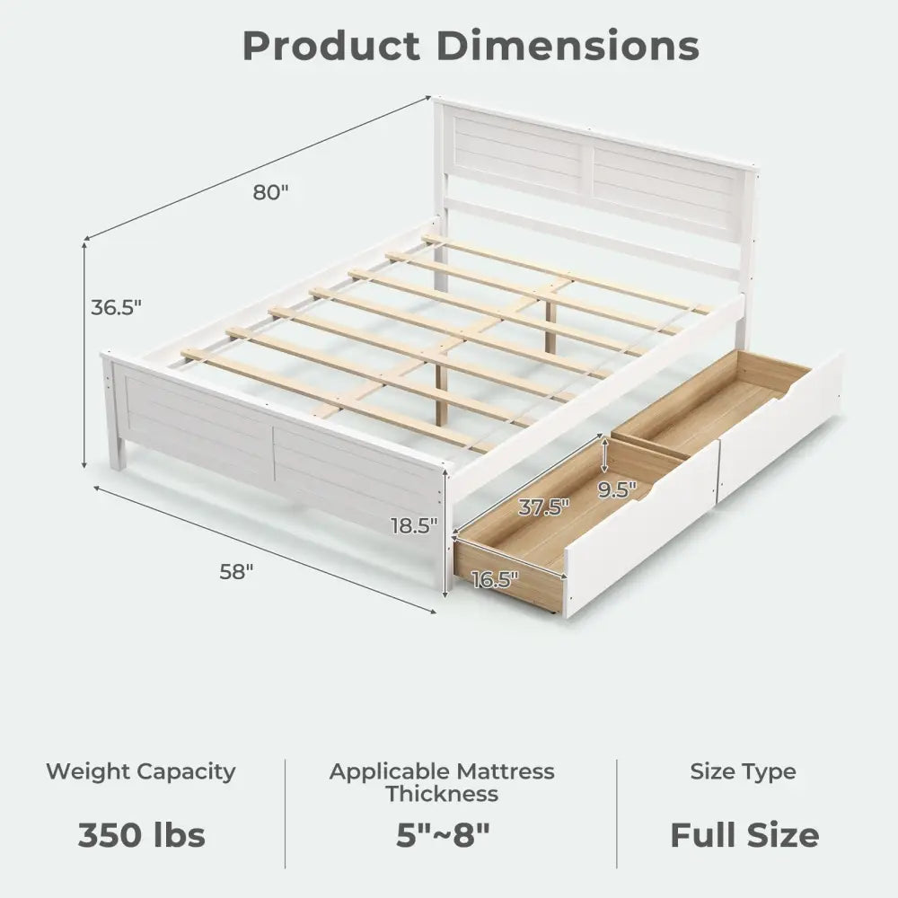Full Size Bed Frame with Storage Drawers and Solid Wood Headboard-White - White - Simple Bed Frame