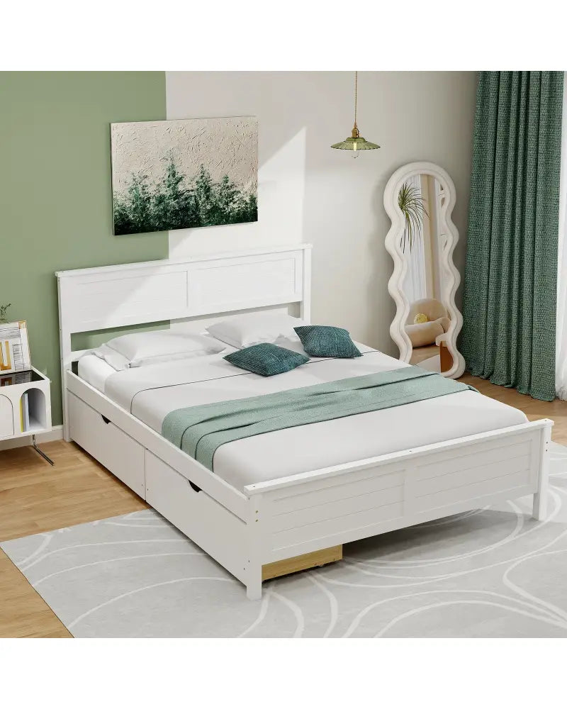 Full Size Bed Frame with Storage Drawers and Solid Wood Headboard-White - White - Simple Bed Frame
