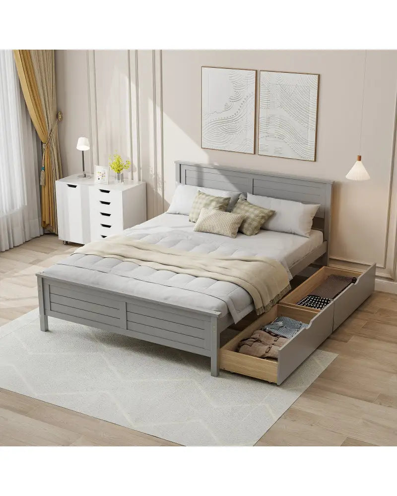 Full Size Bed Frame with Storage Drawers and Solid Wood Headboard-Gray - Gray - Simple Bed Frame