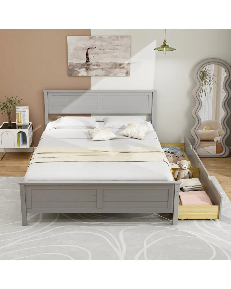 Full Size Bed Frame with Storage Drawers and Solid Wood Headboard-Gray - Gray - Simple Bed Frame