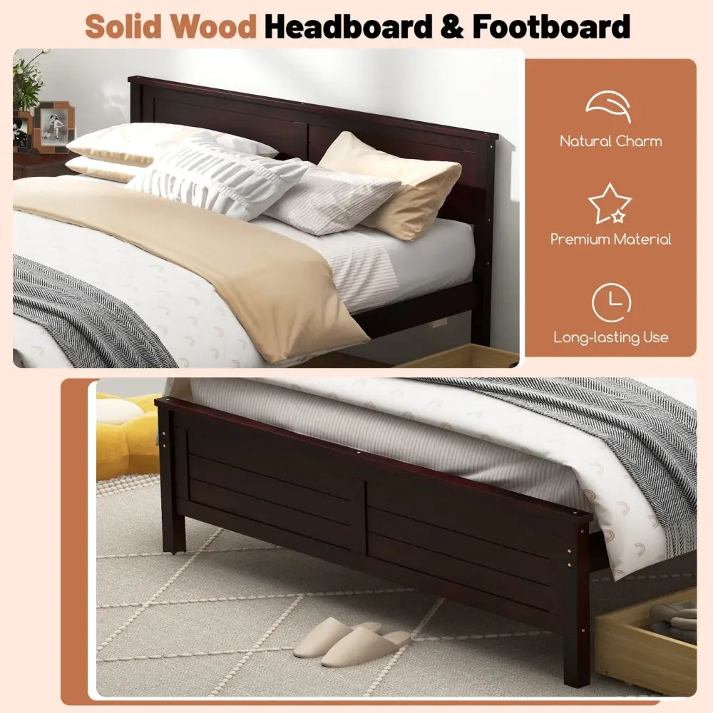 Full Size Bed Frame with Storage Drawers and Solid Wood Headboard-Espresso - Espresso - Simple Bed Frame