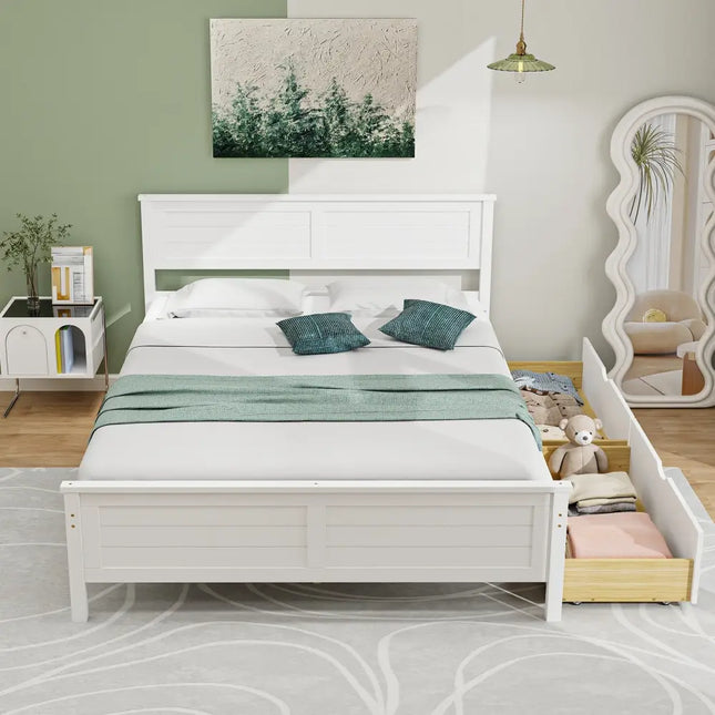 Full Size Bed Frame with Storage Drawers and Solid Wood Headboard-White - White - Simple Bed Frame