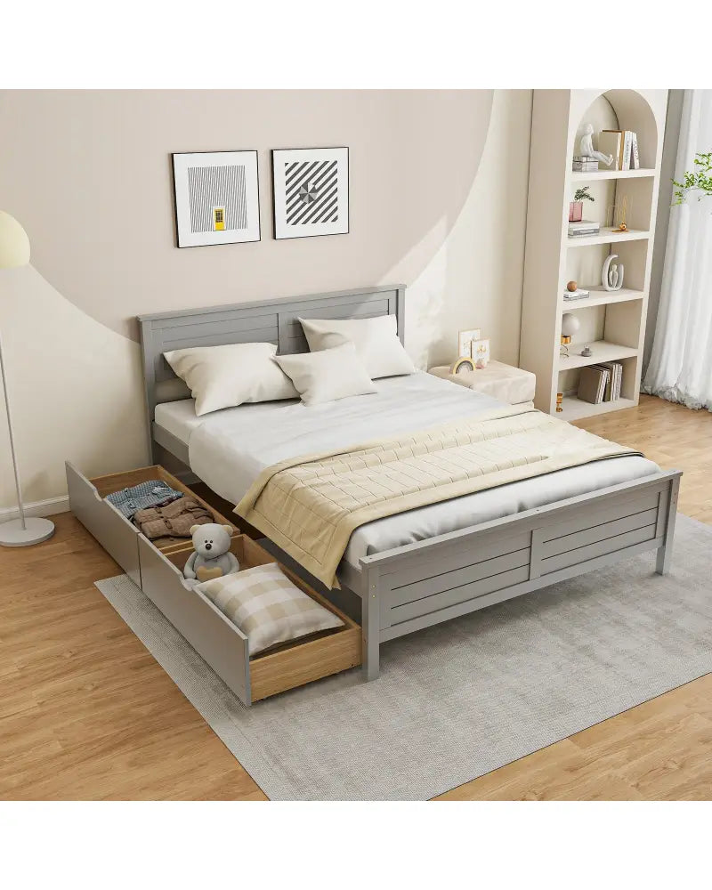 Full Size Bed Frame with Storage Drawers and Solid Wood Headboard-Gray - Gray - Simple Bed Frame