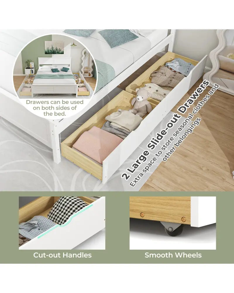 Full Size Bed Frame with Storage Drawers and Solid Wood Headboard-White - White - Simple Bed Frame