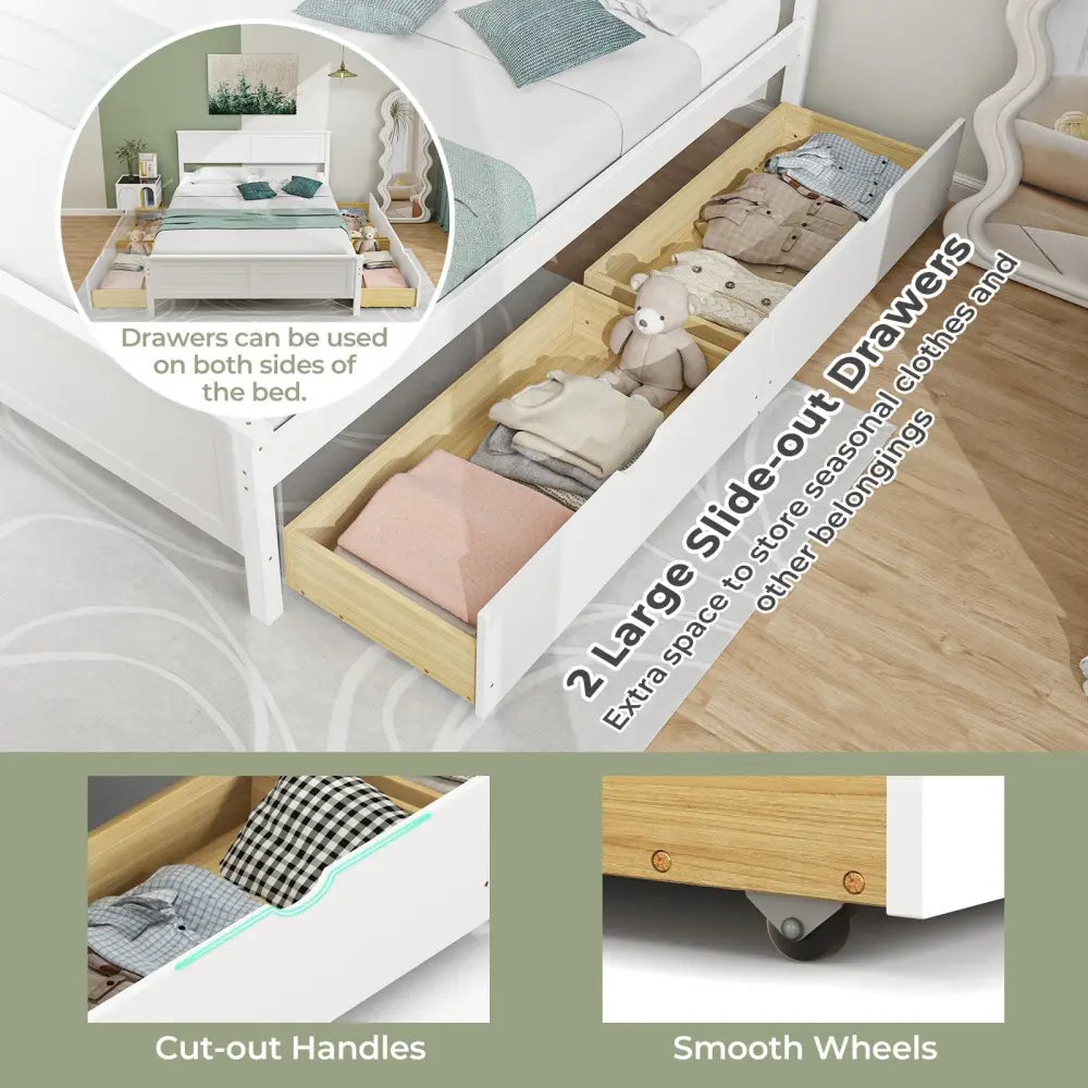 Full Size Bed Frame with Storage Drawers and Solid Wood Headboard-White - White - Simple Bed Frame