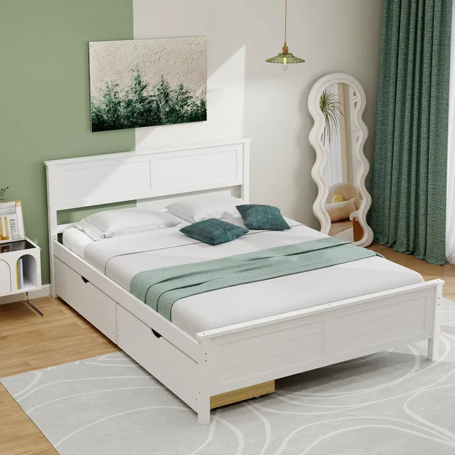 Full Size Bed Frame with Storage Drawers and Solid Wood Headboard-White - White - Simple Bed Frame