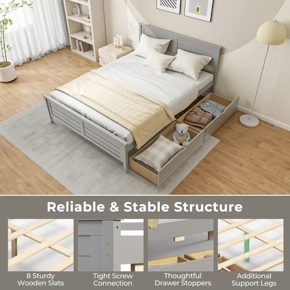 Full Size Bed Frame with Storage Drawers and Solid Wood Headboard-Gray - Gray - Simple Bed Frame