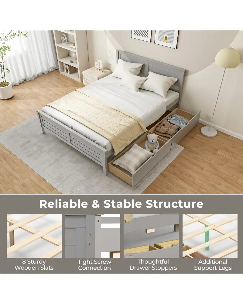 Full Size Bed Frame with Storage Drawers and Solid Wood Headboard-Gray - Gray - Simple Bed Frame