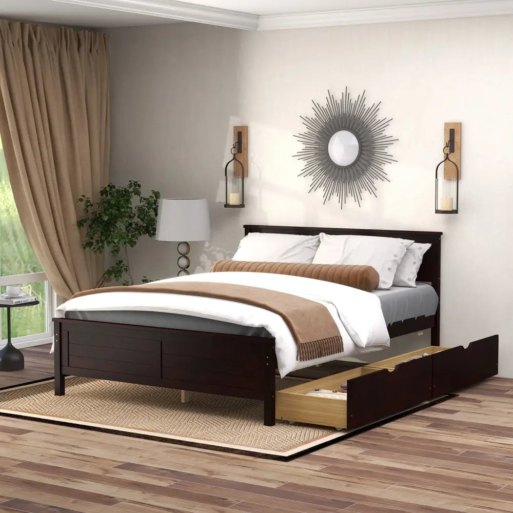 Full Size Bed Frame with Storage Drawers and Solid Wood Headboard-Espresso - Espresso - Simple Bed Frame