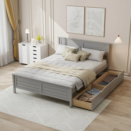Full Size Bed Frame with Storage Drawers and Solid Wood Headboard-Gray - Gray - Simple Bed Frame