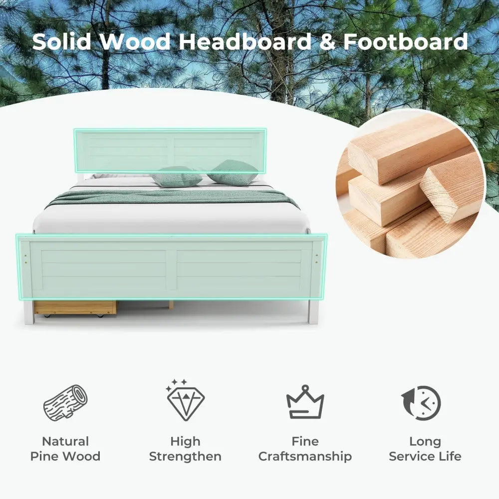 Full Size Bed Frame with Storage Drawers and Solid Wood Headboard-White - White - Simple Bed Frame