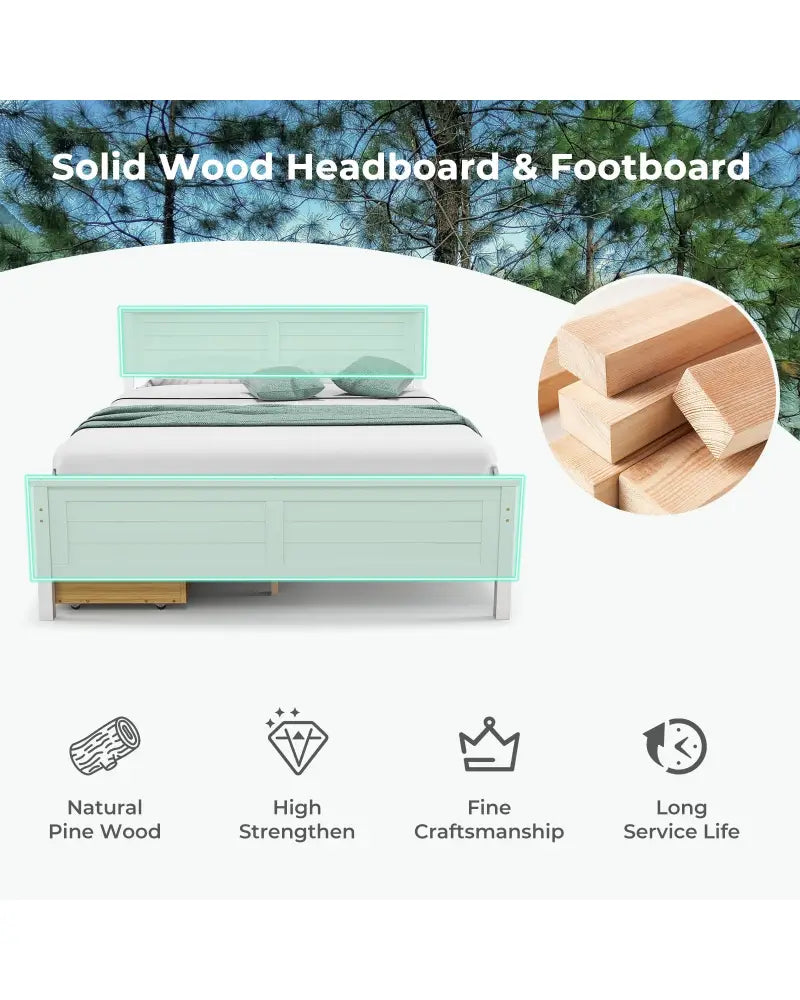 Full Size Bed Frame with Storage Drawers and Solid Wood Headboard-White - White - Simple Bed Frame