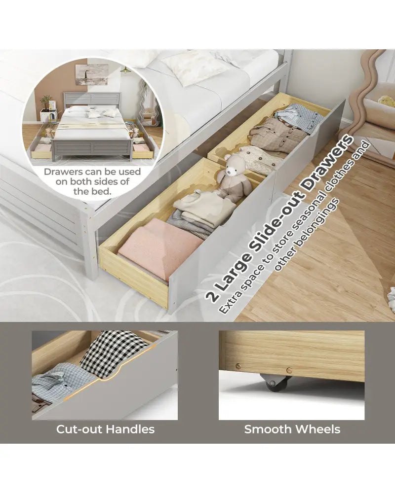 Full Size Bed Frame with Storage Drawers and Solid Wood Headboard-Gray - Gray - Simple Bed Frame