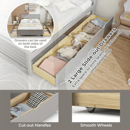 Full Size Bed Frame with Storage Drawers and Solid Wood Headboard-Gray - Gray - Simple Bed Frame