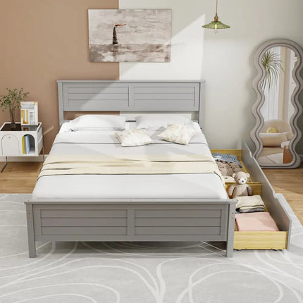 Full Size Bed Frame with Storage Drawers and Solid Wood Headboard-Gray - Gray - Simple Bed Frame