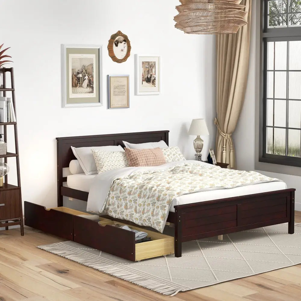 Full Size Bed Frame with Storage Drawers and Solid Wood Headboard-Espresso - Espresso - Simple Bed Frame