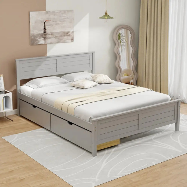 Full Size Bed Frame with Storage Drawers and Solid Wood Headboard-Gray - Gray - Simple Bed Frame