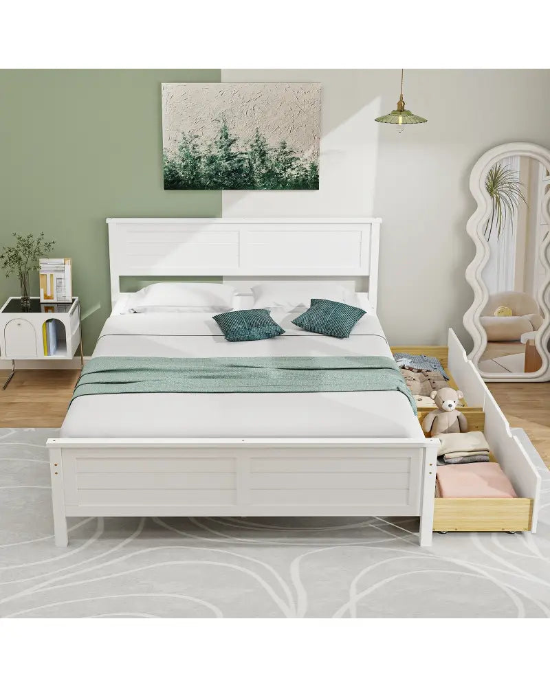 Full Size Bed Frame with Storage Drawers and Solid Wood Headboard-White - White - Simple Bed Frame