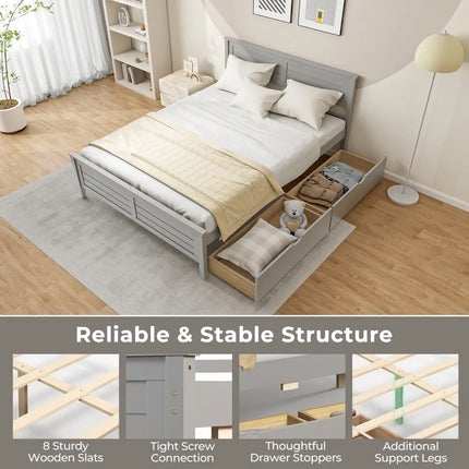 Full Size Bed Frame with Storage Drawers and Solid Wood Headboard-Gray - Gray - Simple Bed Frame