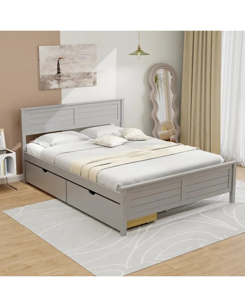 Full Size Bed Frame with Storage Drawers and Solid Wood Headboard-Gray - Gray - Simple Bed Frame