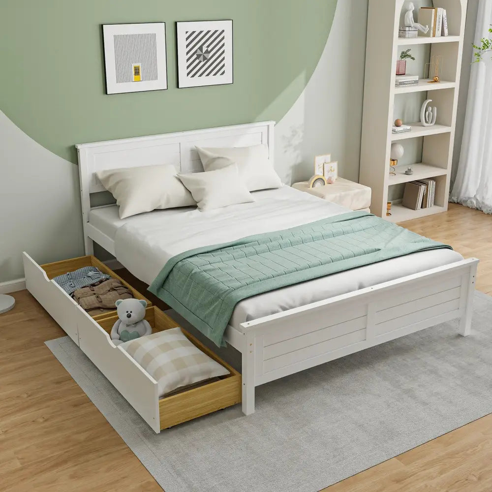 Full Size Bed Frame with Storage Drawers and Solid Wood Headboard-White - White - Simple Bed Frame