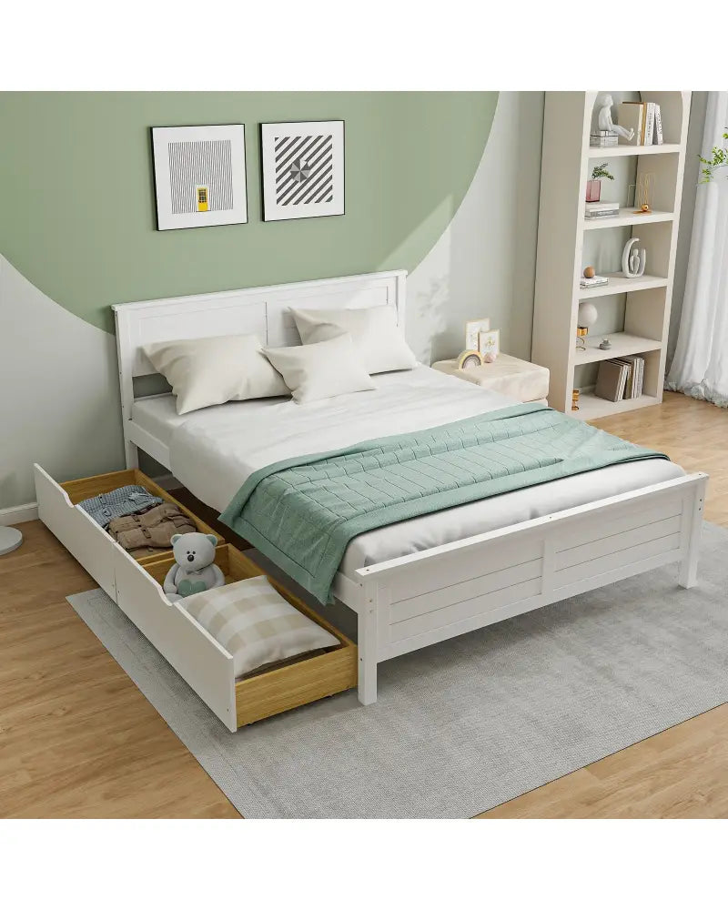 Full Size Bed Frame with Storage Drawers and Solid Wood Headboard-White - White - Simple Bed Frame