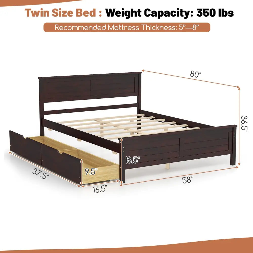 Full Size Bed Frame with Storage Drawers and Solid Wood Headboard-Espresso - Espresso - Simple Bed Frame