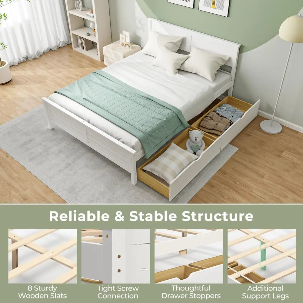 Full Size Bed Frame with Storage Drawers and Solid Wood Headboard-White - White - Simple Bed Frame