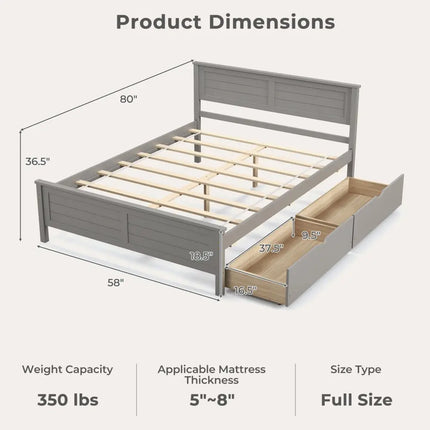 Full Size Bed Frame with Storage Drawers and Solid Wood Headboard-Gray - Gray - Simple Bed Frame