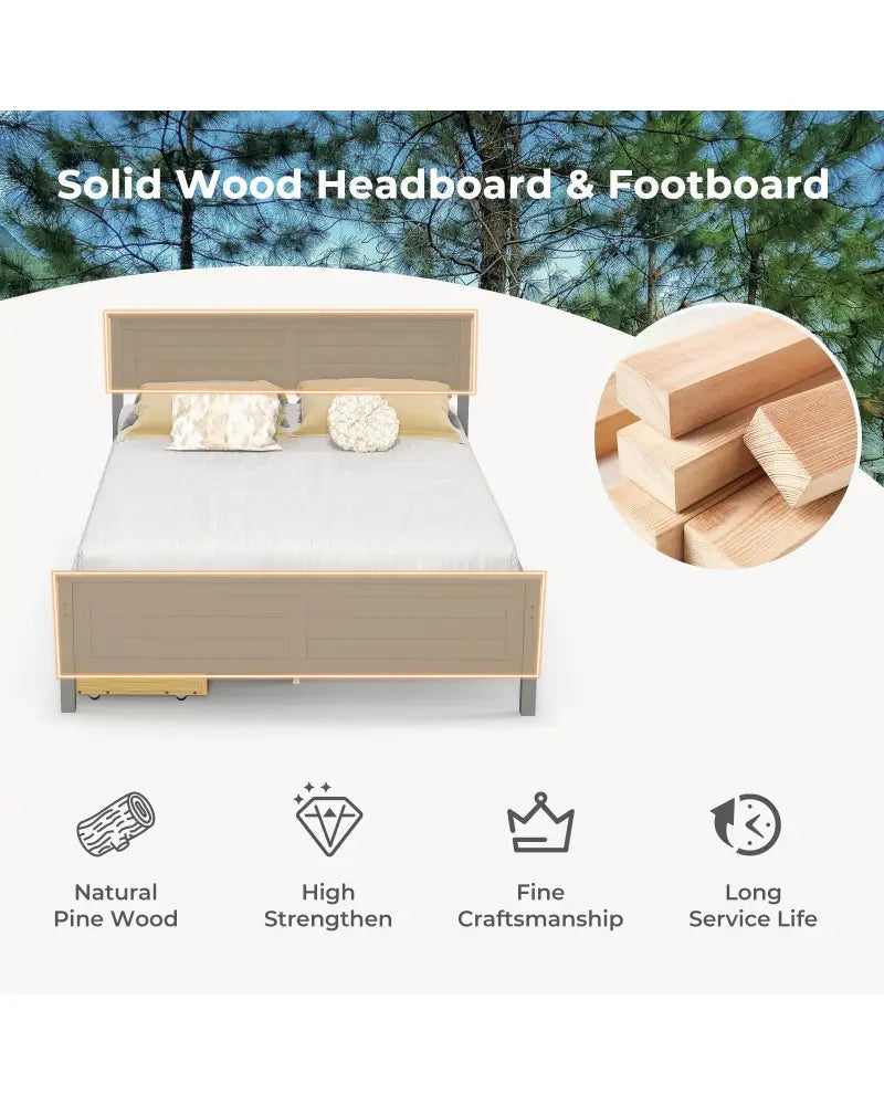 Full Size Bed Frame with Storage Drawers and Solid Wood Headboard-Gray - Gray - Simple Bed Frame