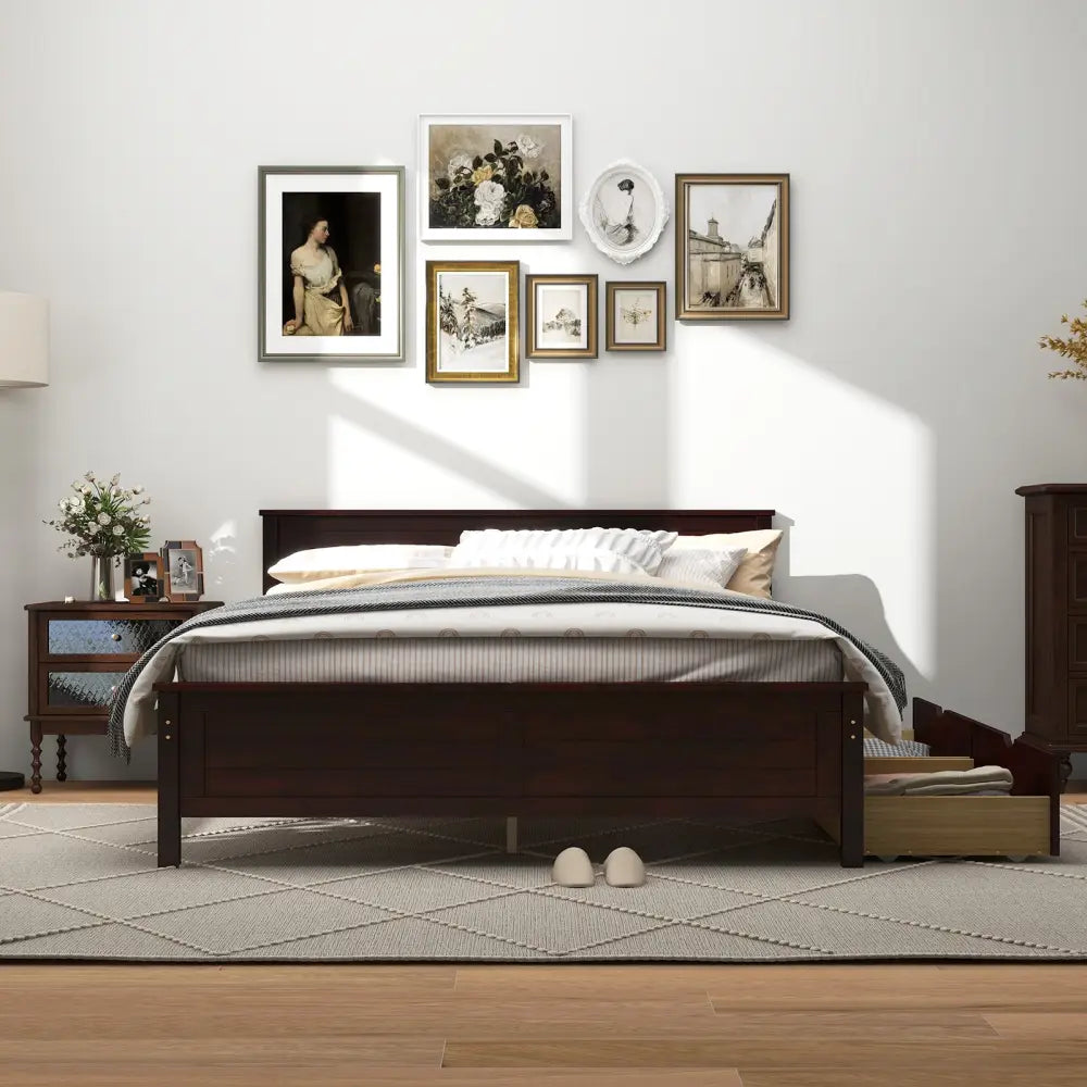 Full Size Bed Frame with Storage Drawers and Solid Wood Headboard-Espresso - Espresso - Simple Bed Frame