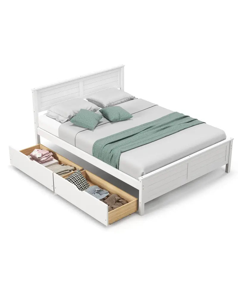 Full Size Bed Frame with Storage Drawers and Solid Wood Headboard-White - White - Simple Bed Frame