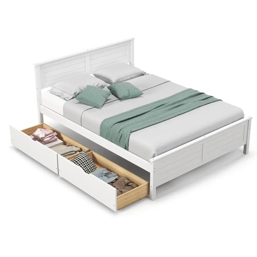 Full Size Bed Frame with Storage Drawers and Solid Wood Headboard-White - White - Simple Bed Frame