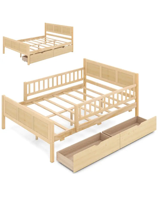 Full Size Bed Frame with Storage Drawers Natural - Natural - Trundle Bed Frame