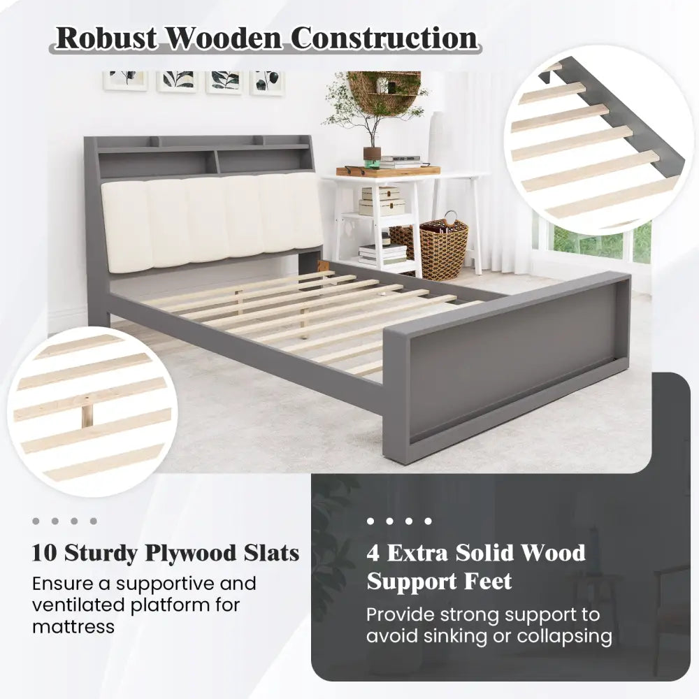 Full Size Bed Frame with Storage Modern Platform Bed with Headboard-Full Size - Gray - Simple Bed Frame