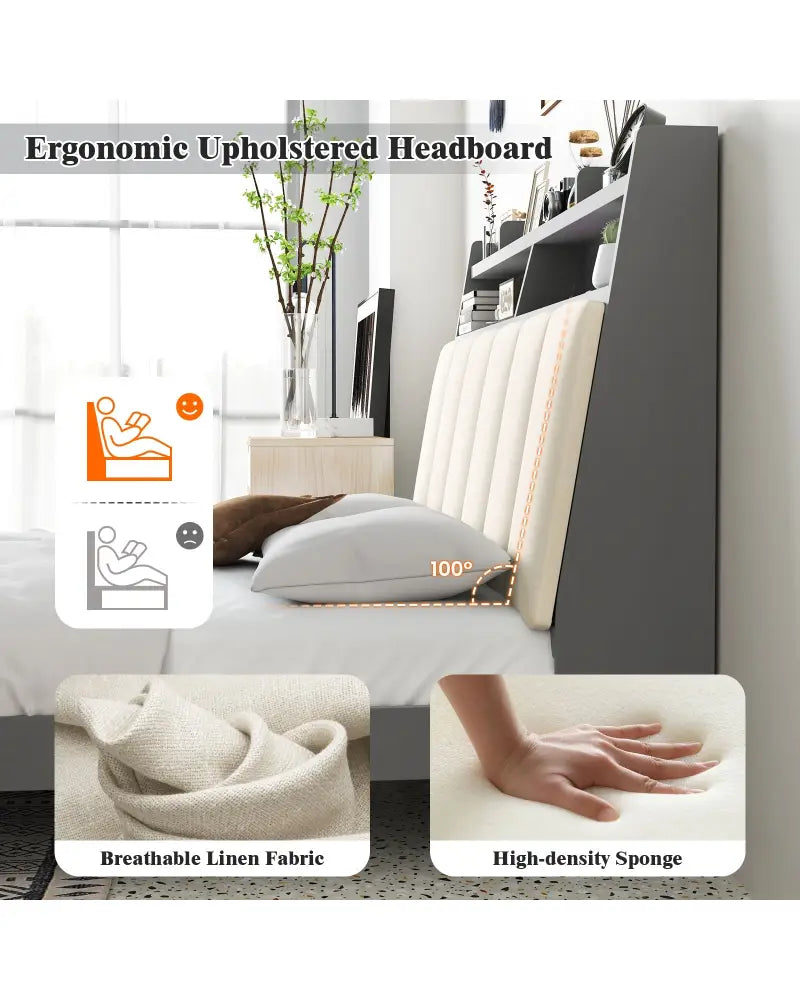 Full Size Bed Frame with Storage Modern Platform Bed with Headboard-Full Size - Gray - Simple Bed Frame