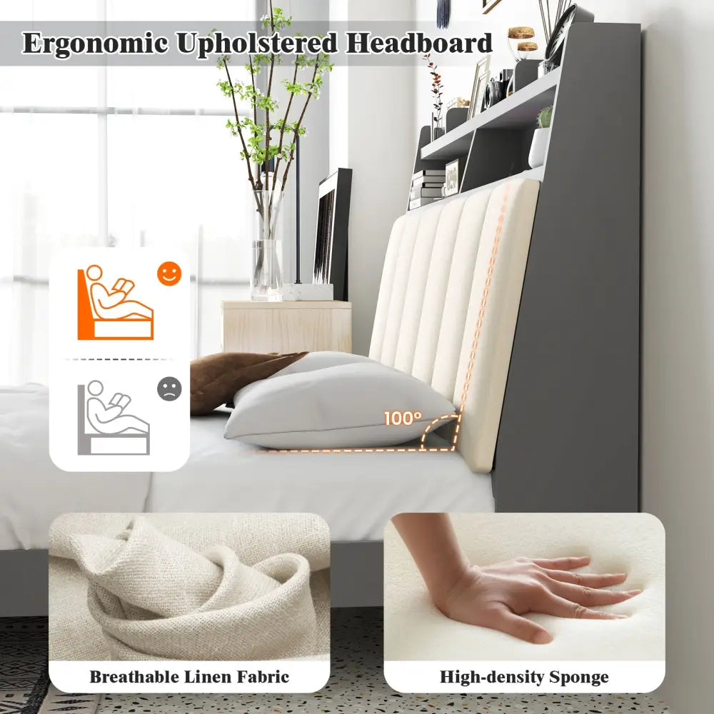 Full Size Bed Frame with Storage Modern Platform Bed with Headboard-Full Size - Gray - Simple Bed Frame
