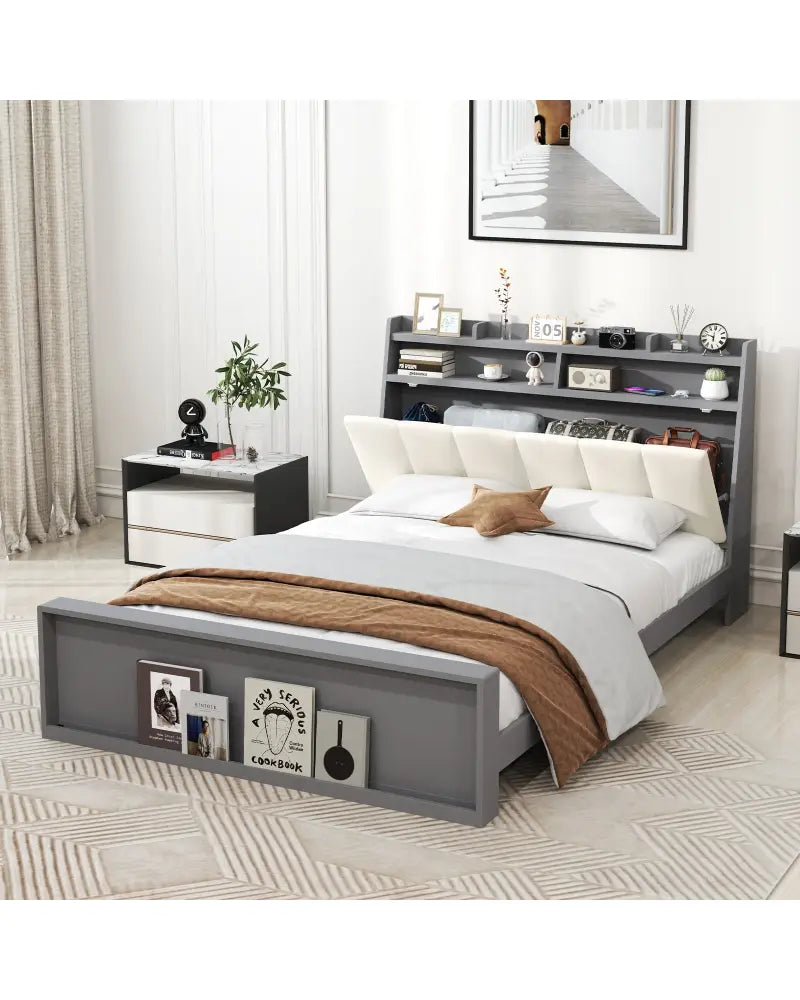 Full Size Bed Frame with Storage Modern Platform Bed with Headboard-Full Size - Gray - Simple Bed Frame