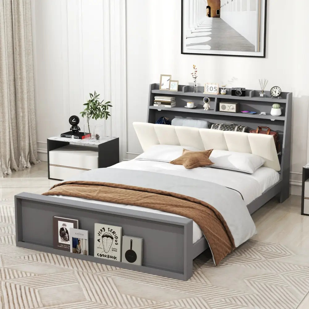 Full Size Bed Frame with Storage Modern Platform Bed with Headboard-Full Size - Gray - Simple Bed Frame