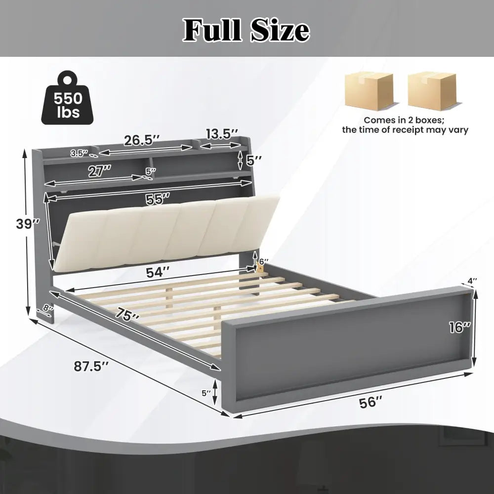 Full Size Bed Frame with Storage Modern Platform Bed with Headboard-Full Size - Gray - Simple Bed Frame