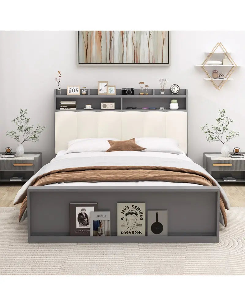 Full Size Bed Frame with Storage Modern Platform Bed with Headboard-Full Size - Gray - Simple Bed Frame