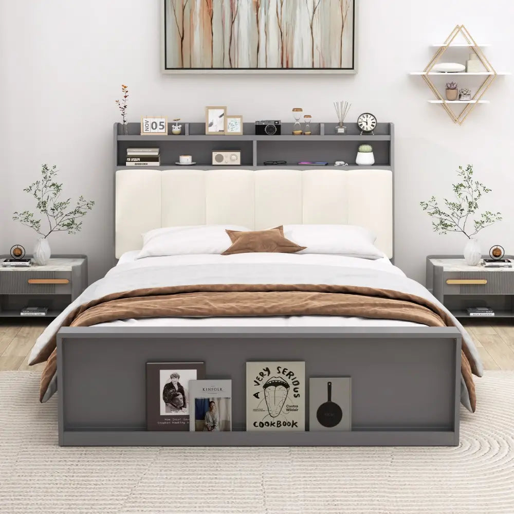 Full Size Bed Frame with Storage Modern Platform Bed with Headboard-Full Size - Gray - Simple Bed Frame