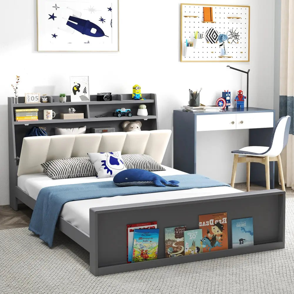 Full Size Bed Frame with Storage Modern Platform Bed with Headboard-Full Size - Gray - Simple Bed Frame